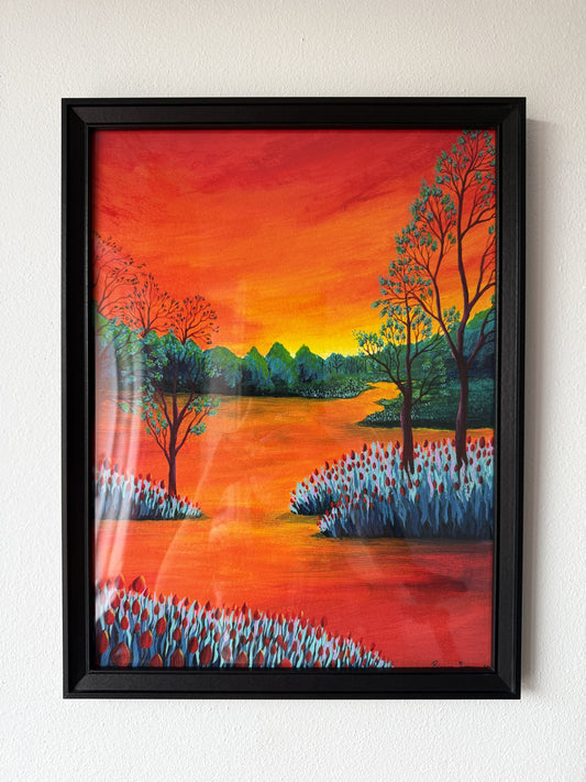 ORIGINAL FRAMED PAINTING "Red Tulips in the Sunset Light"